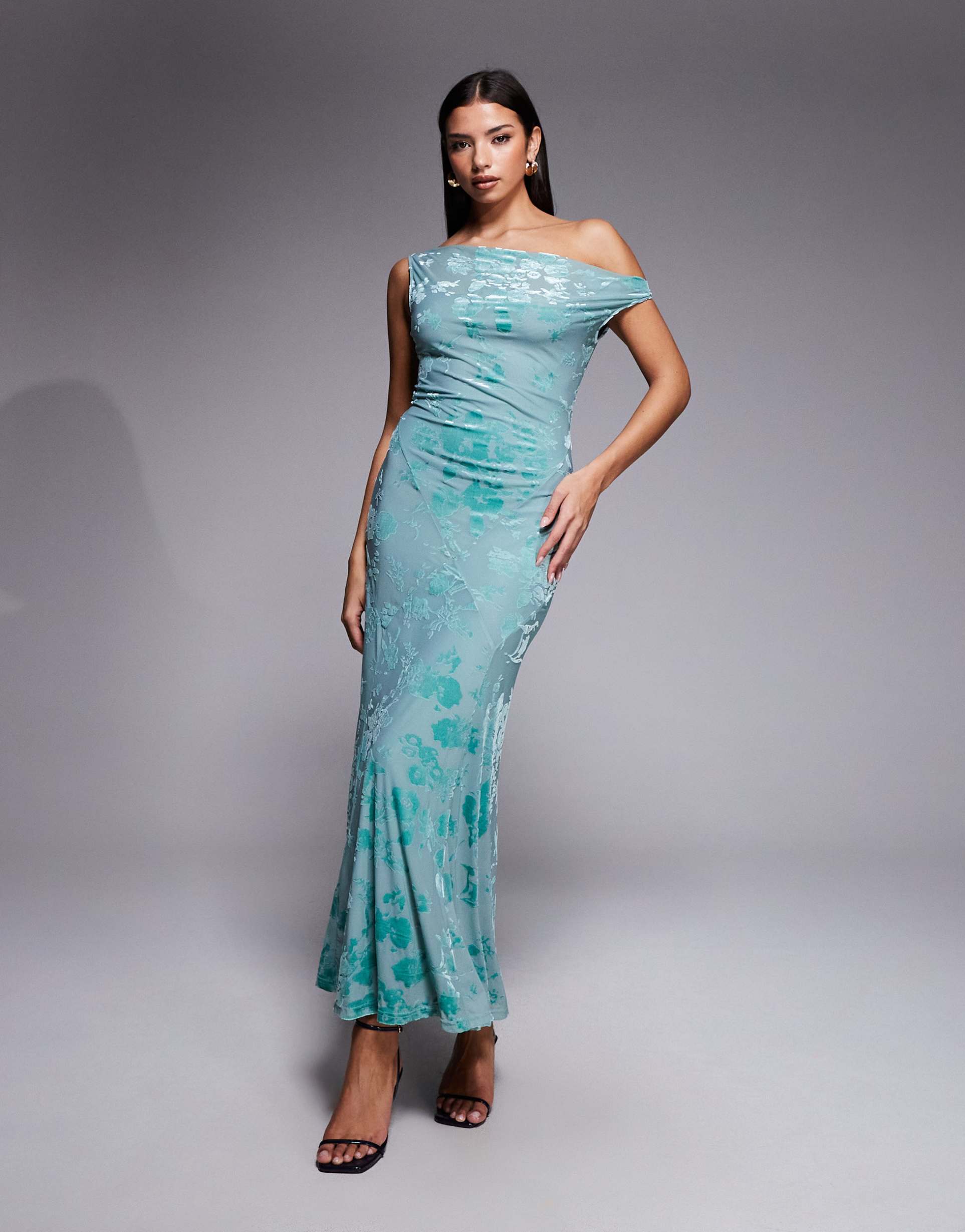 rare london fallen shoulder burnout floral maxi dress in teal