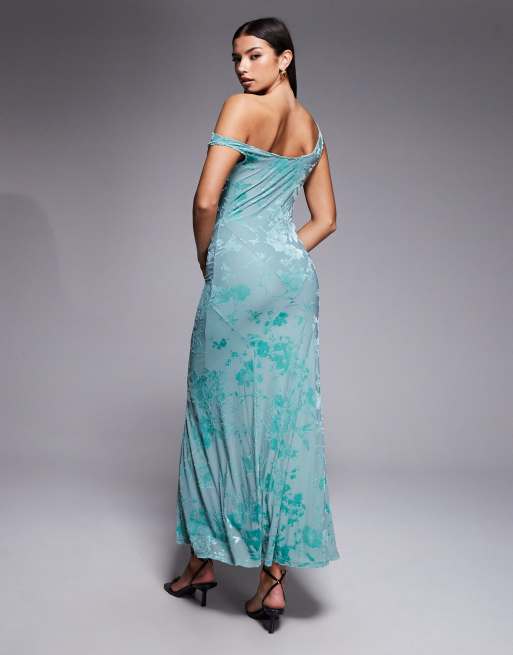Rare London fallen shoulder burnout floral maxi dress in teal, 2 of 4