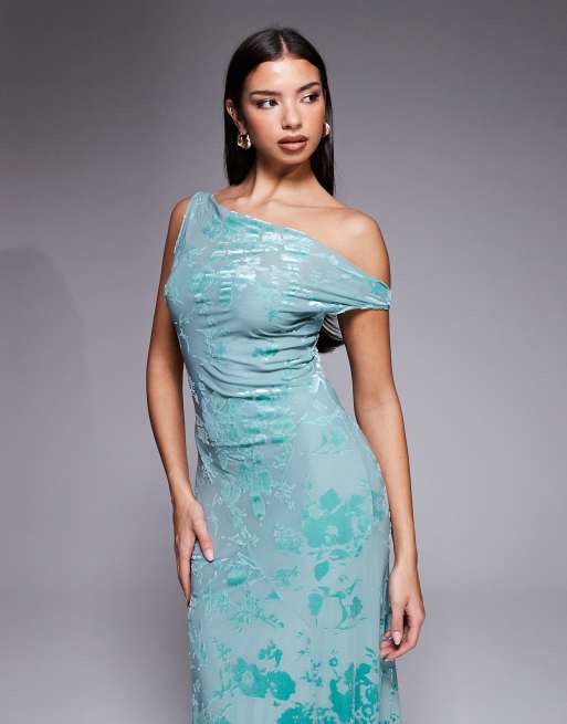 Rare London fallen shoulder burnout floral maxi dress in teal, 3 of 4