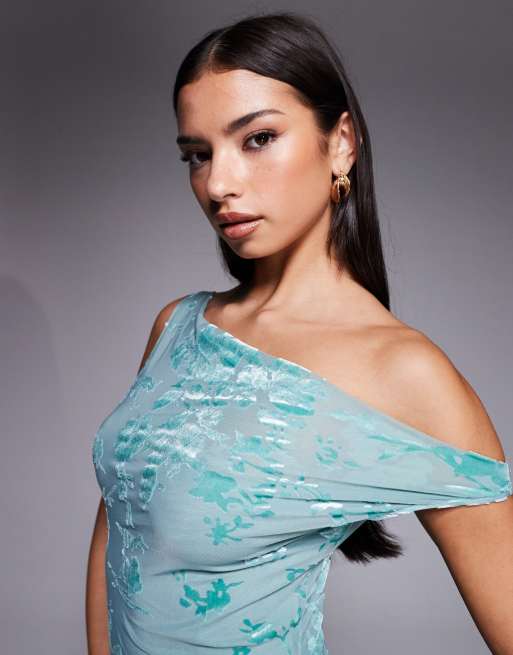 Rare London fallen shoulder burnout floral maxi dress in teal, 4 of 4