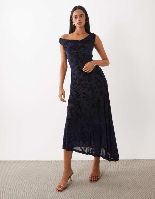Rare London fallen shoulder devore midi dress in navy floral, 2 of 4