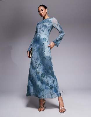 London flare sleeve sheer detail maxi dress in teal flower print-Multi