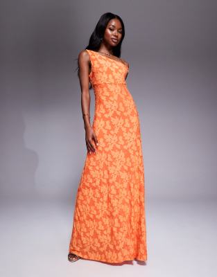 Rare Rare London floral devore asymmetric drape shoulder maxi dress in orange