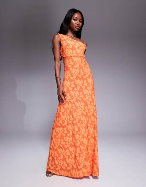 Rare London floral devore asymmetric drape shoulder maxi dress in orange - view 1