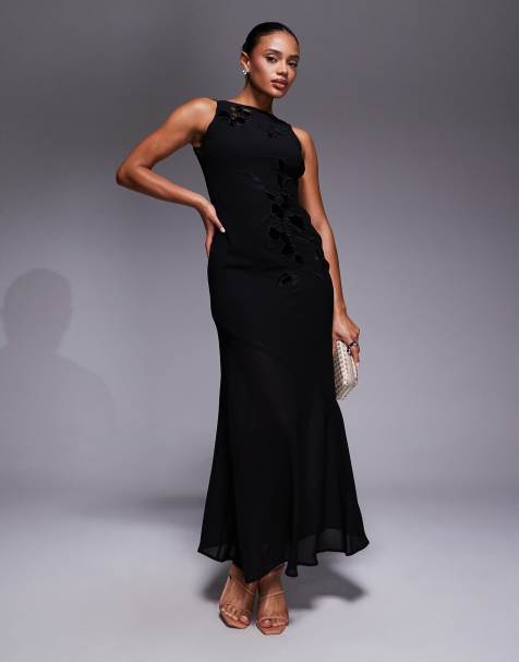 Rare London floral embroidery cutout detail high neck maxi dress in black - view 1
