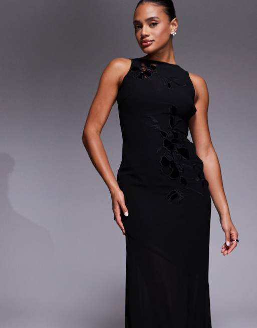 Rare London floral embroidery cutout detail high neck maxi dress in black |  ASOS