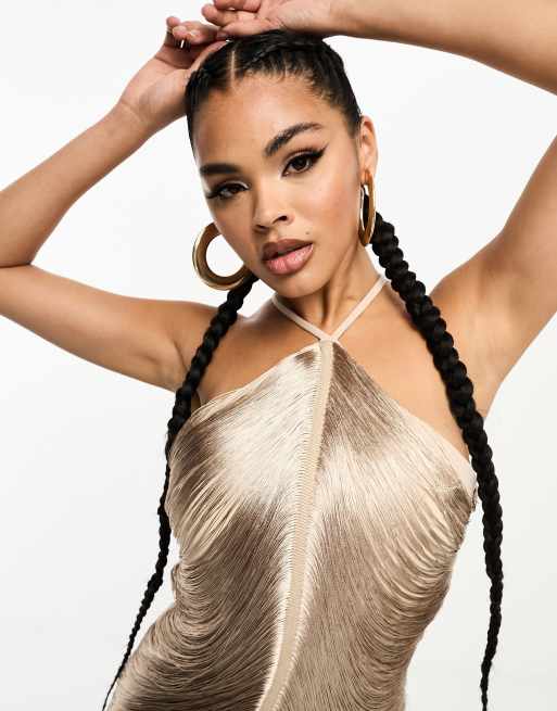 Rare London fringe detail halterneck midi dress in gold ASOS