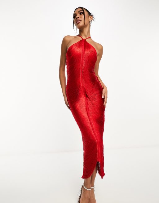 Rare London fringe detail halterneck midi dress in red