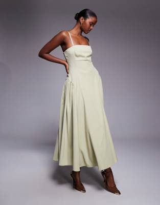 Rare London Gathered Hip Detailing Bandeau Midi Dress In Green