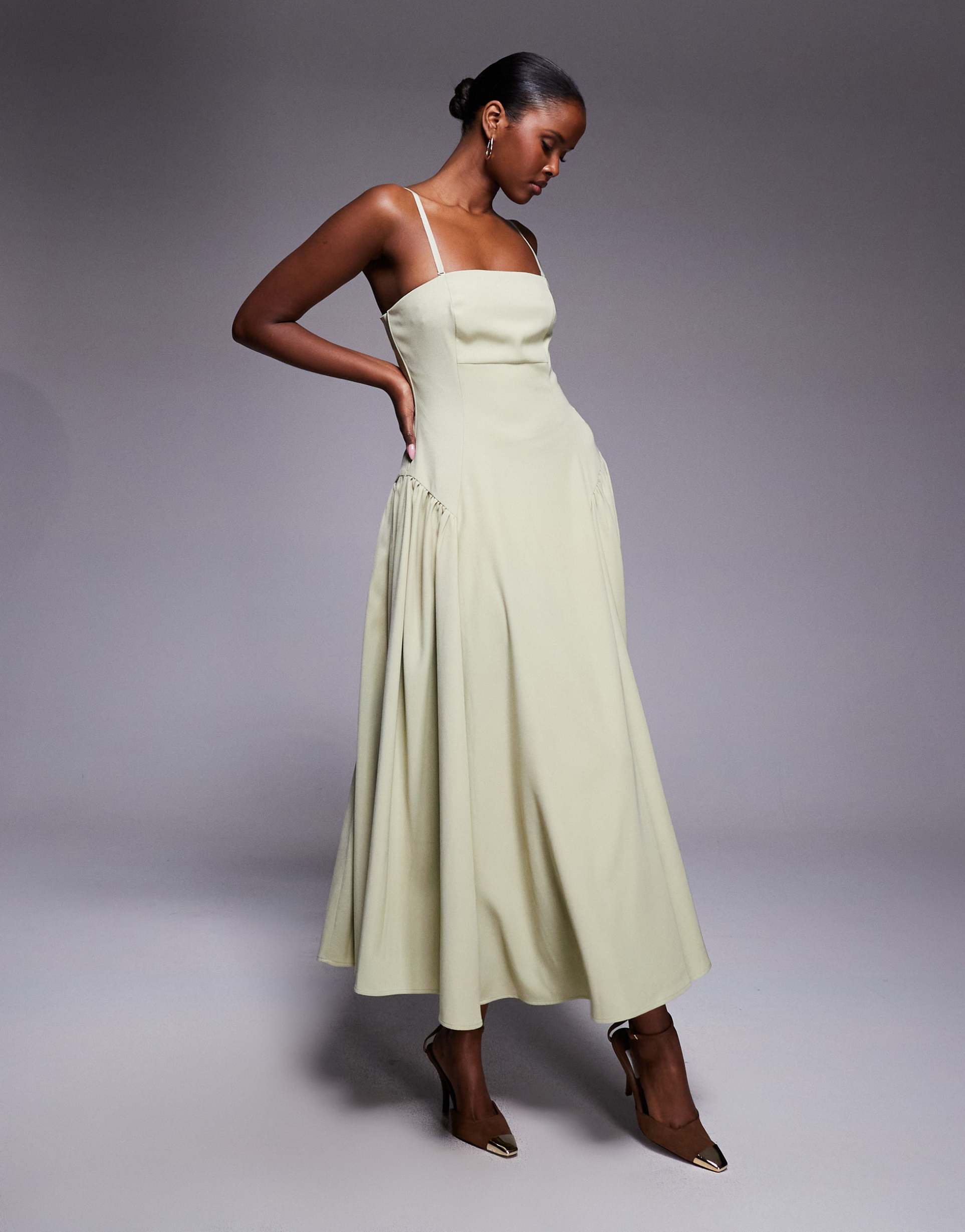 rare london gathered hip detailing bandeau midi dress in olive