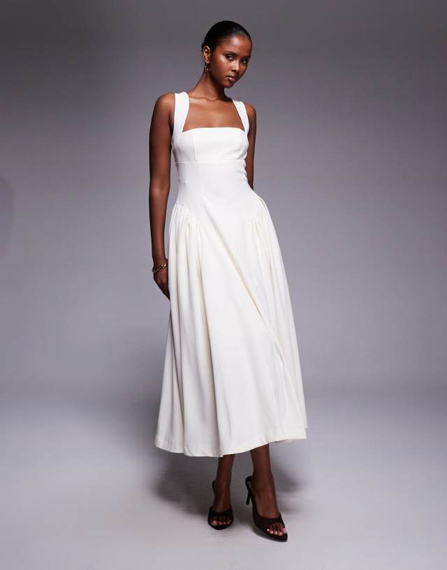 Rare London gathered waist detail curved strap midaxi dress in