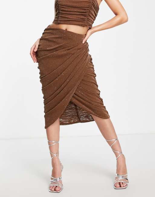 Rare London - Gerimpelde midi-rok van mesh in camel, deel van co-ord set