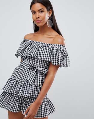 bardot ruffle mini dress