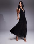 [Rare] Rare London halter neck plunge sheer hem overlay maxi dress in black 4 BLACK