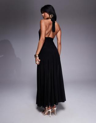 Rare London Halter Neck Plunge Sheer Hem Overlay Maxi Dress In Black