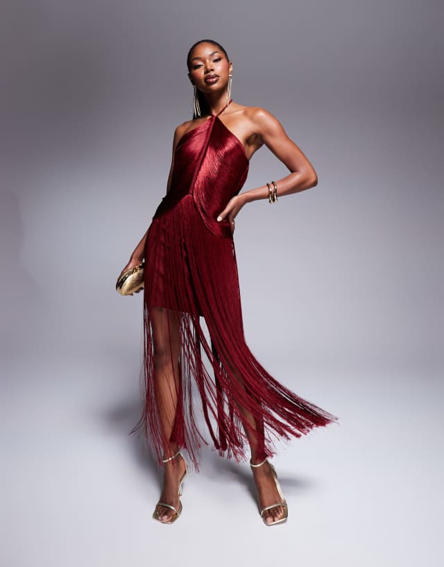 Rare London halterneck fringe detail mini dress in red