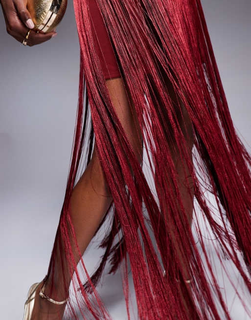 Rare London halterneck fringe detail mini dress in red