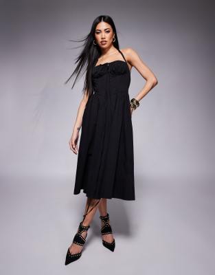 London halterneck milkmaid tie detail midi dress in black