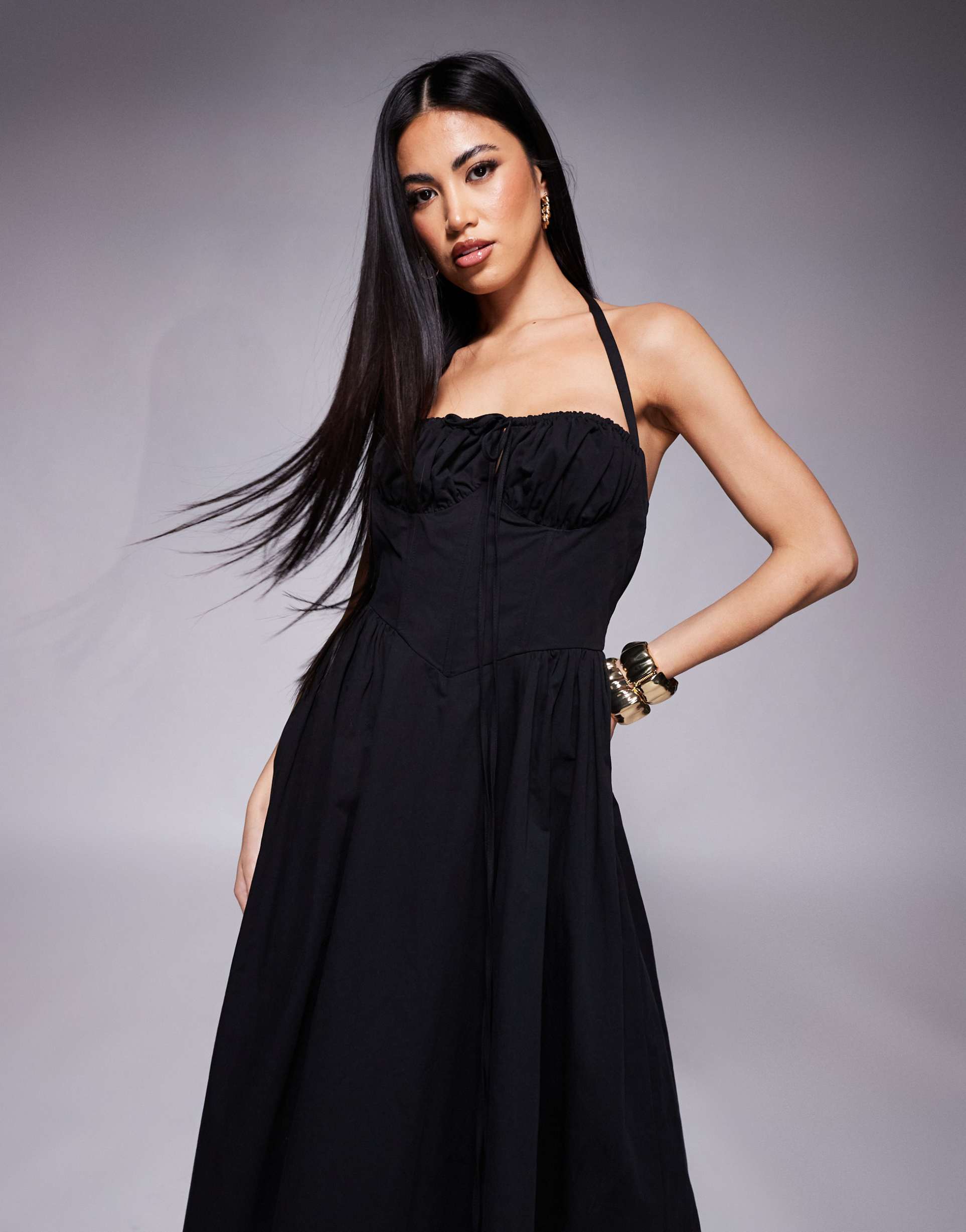 rare london halterneck milkmaid tie detail midi dress in black