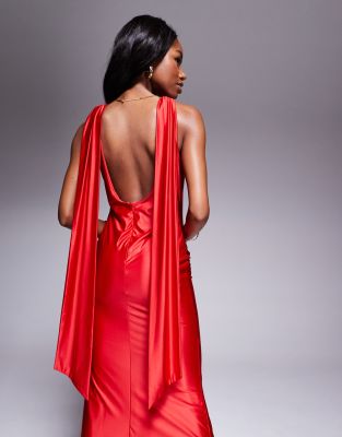 London High Shine Satin Open Back Scarf Detail Maxi Dress in Red