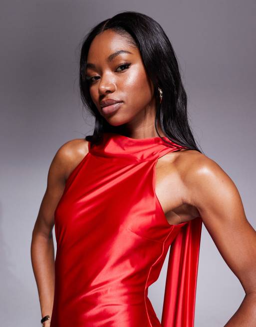 Rare London high shine satin open back scarf detail maxi dress in red