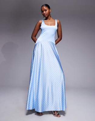 Rare London High Shine Scoop Neck Dropped Contrast Waist Maxi Dress In Blue