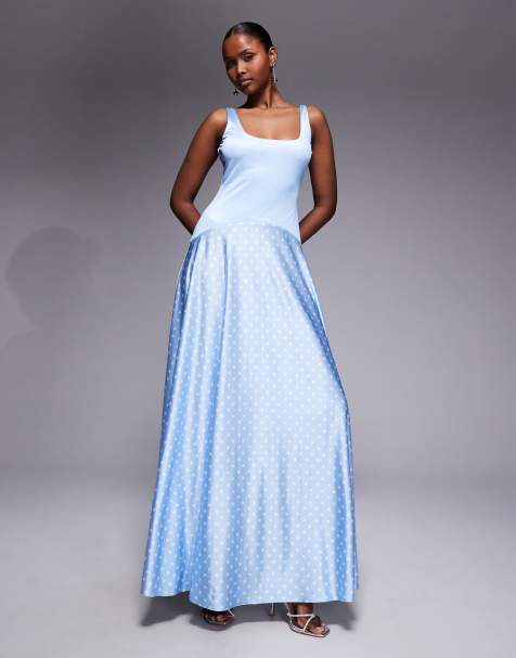 Rare London high shine scoop neck dropped contrast waist maxi dress in soft blue polka dots - view 1