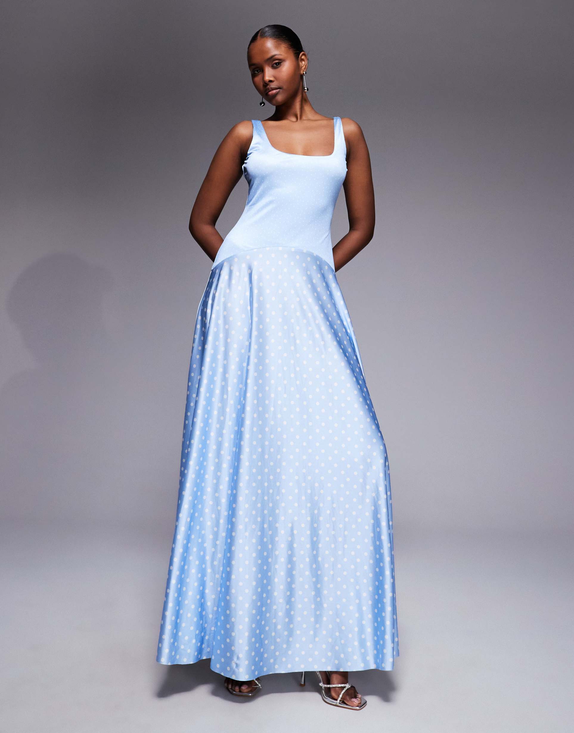rare london high shine scoop neck dropped contrast waist maxi dress in soft blue polka dots