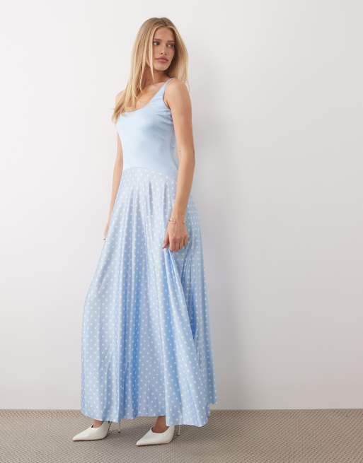 Rare London high shine scoop neck dropped contrast waist maxi dress in soft blue  polka dots | ASOS