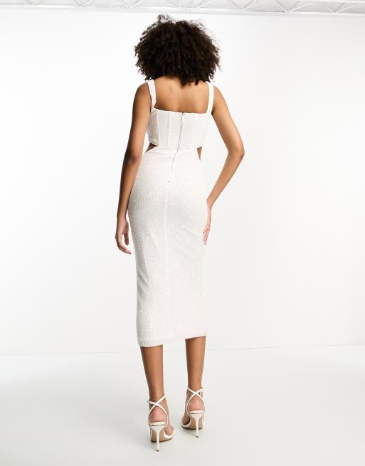 White Sequin Corset Cut Out Midi Dress – Rare London