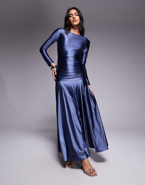Rare London jersey satin ruched waist side split floaty skirt maxi dress in dark blue - view 1