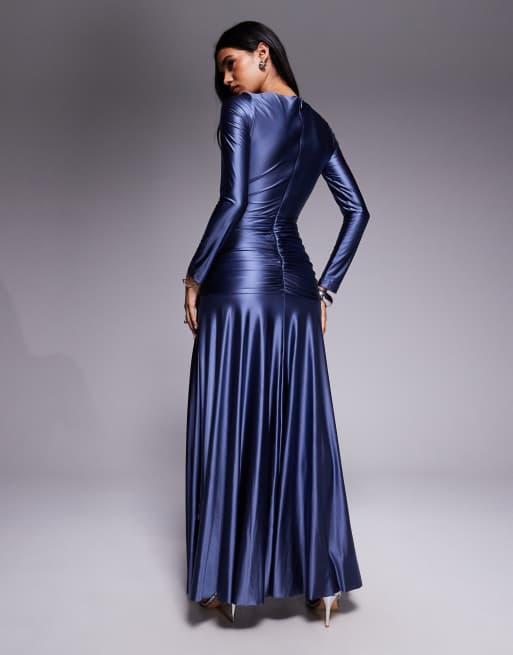 Rare London jersey satin ruched waist side split floaty skirt maxi dress in dark blue, 3 of 4