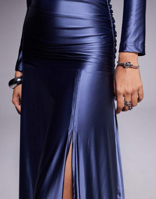 Rare London jersey satin ruched waist side split floaty skirt maxi dress in dark blue, 4 of 4