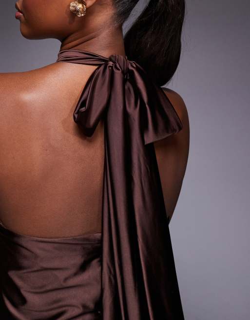 Rare London jersey satin scarf detail halter open back mini dress in  chocolate | ASOS