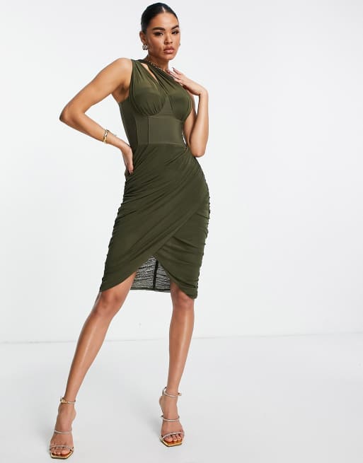 Rare – London – Khakifärgad asymmetrisk klänning i mesh med korsett och draperad design