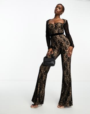 Black Rib Lace Trim Long Sleeve Flare Leg Jumpsuit