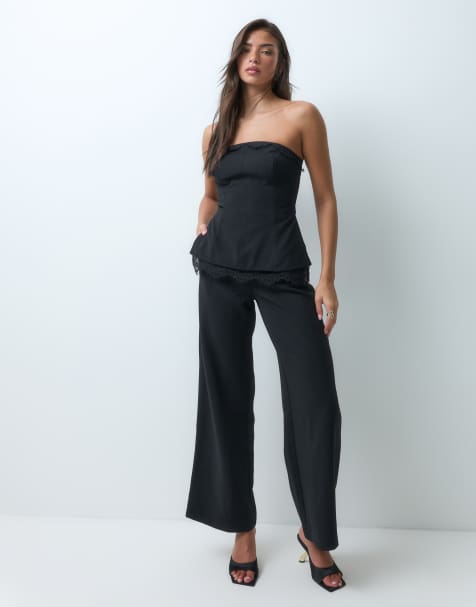 Rare London lace detail tailored bandeau peplum detail wide leg jumpsuit in black - view 1