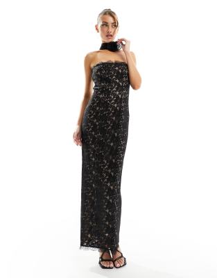 Rare London Lace Maxi Dress With Corsage Detail In Black