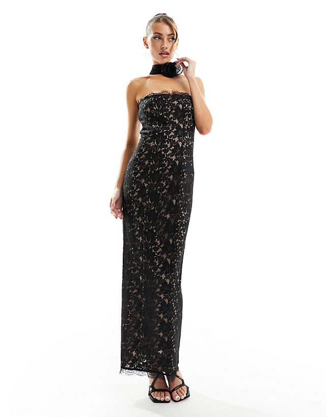 Rare - london lace maxi dress with corsage detail in black