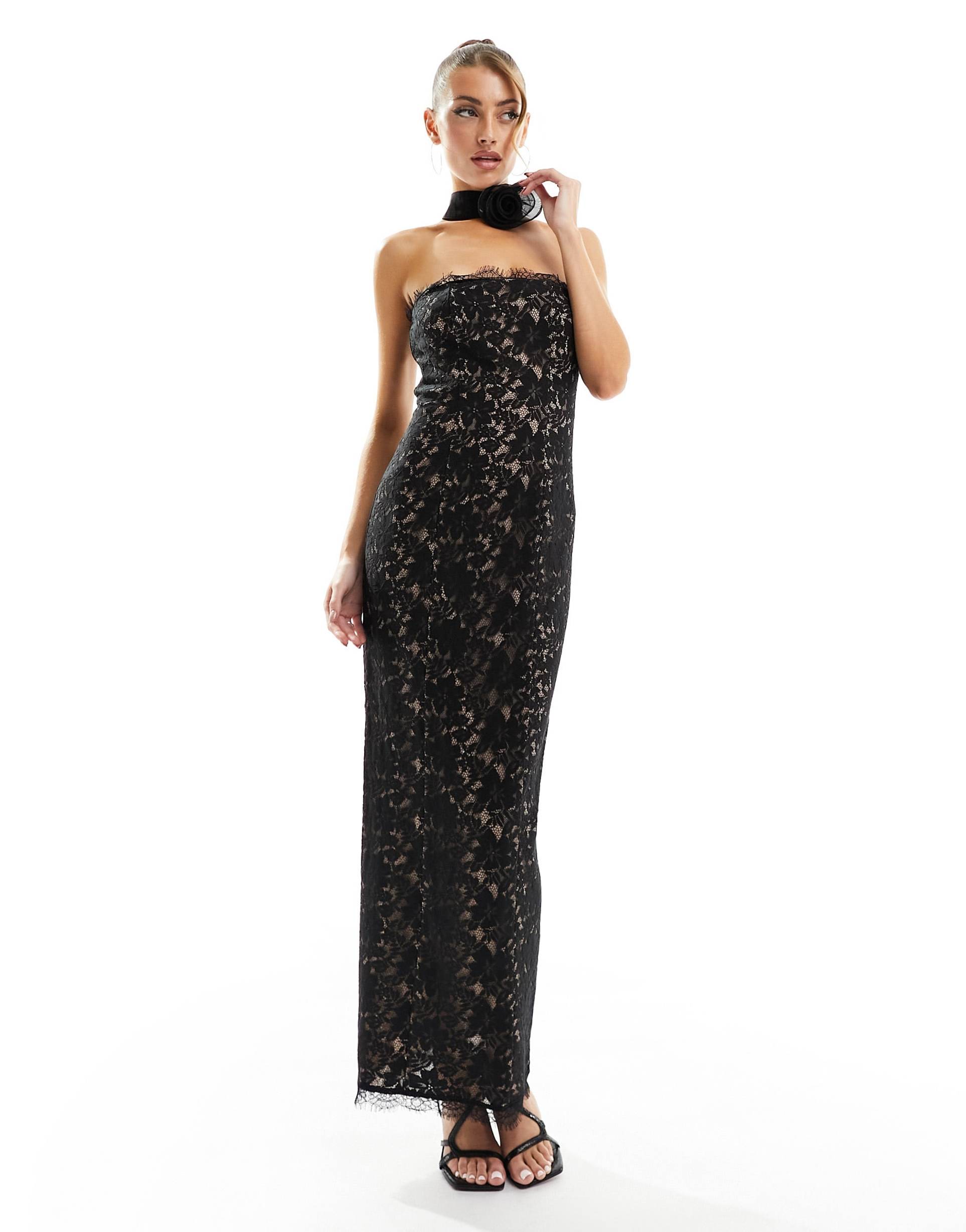 rare london lace maxi dress with corsage detail in black