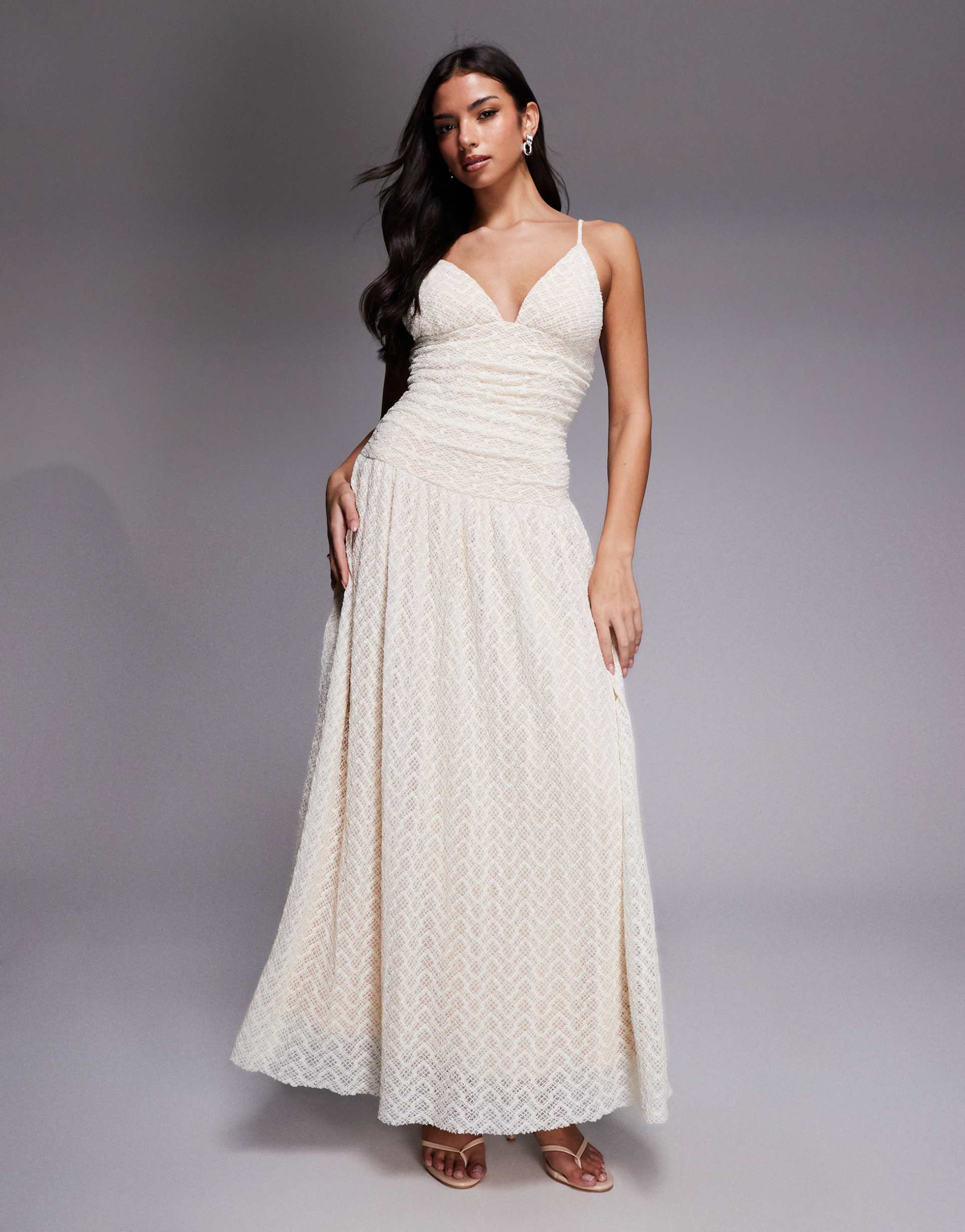 rare london lace overlay cami ruched detail drop waist maxi dress in cream