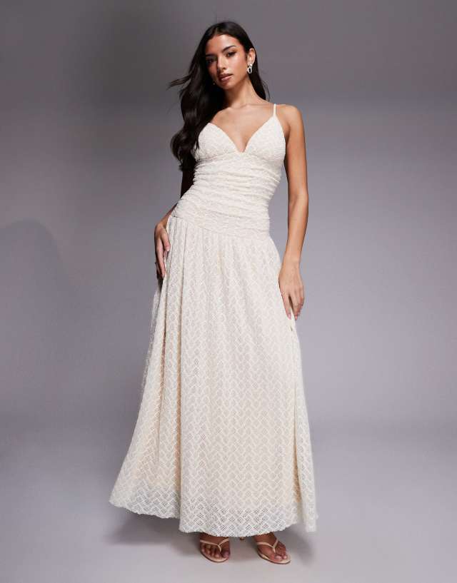 Rare London lace overlay cami ruched detail drop waist maxi dress in cream
