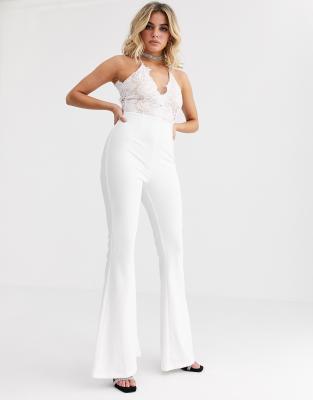 Rare London lace plunge front top wide leg jumpsuit in white