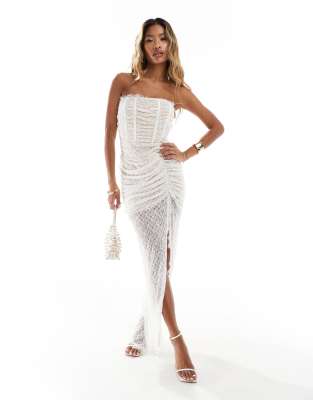 London lace ruched overlay corset maxi dress with thigh split in white