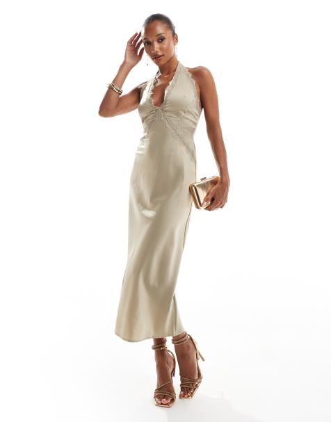Rare London lace trim satin midaxi dress in olive - view 1