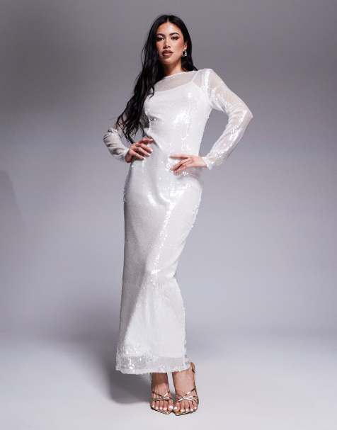 Rare London – Langärmliges Pailletten-Maxikleid in Weiß - view 1