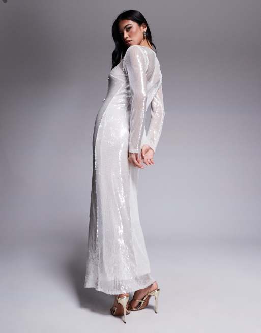 Rare London – Langärmliges Pailletten-Maxikleid in Weiß, 4 von 4