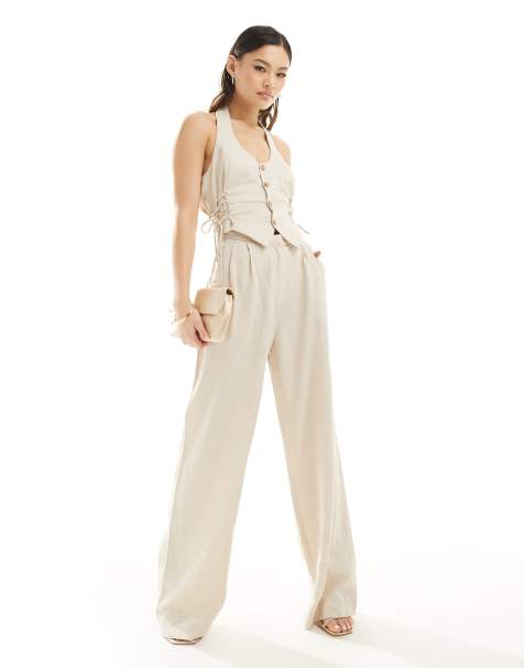 Rare London linen mix halterneck lace up side detail jumpsuit in beige - view 1