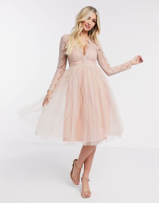 knee length dresses for ladies Ivory Point D'esprit Tulle Striped Midi Dress main image 1