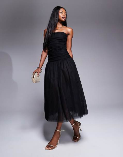 Rare London - Maxi bandeau-jurk van tulle met verlaagde taille in zwart - view 1